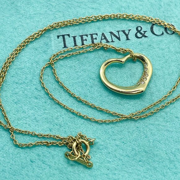 Tiffany & Co. Peretti 18K Gold Diamond 15mm Open Heart Pendant Necklace 18" - Picture 12 of 13